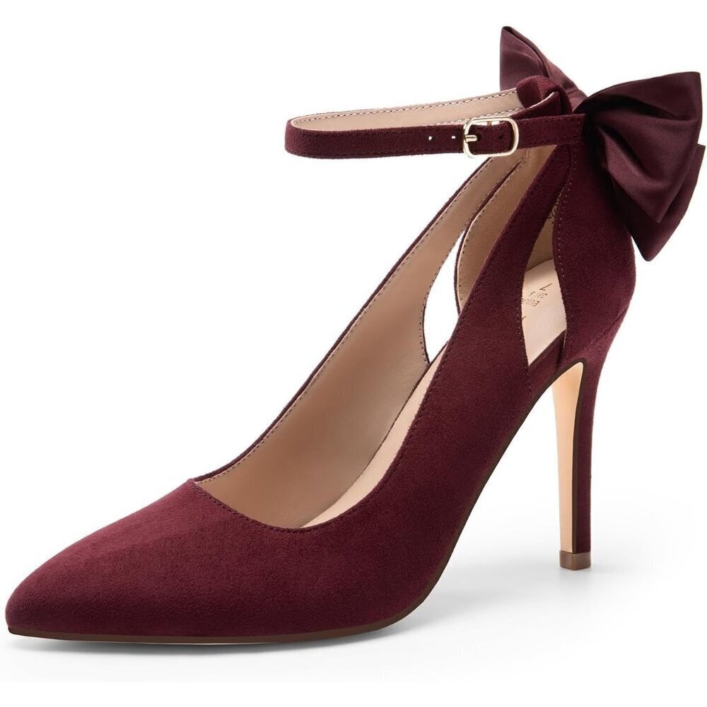 Dream Pair Women's Burgundy-suede Faux Suede Strappy Pointed Toe Bow Shoes Pumps